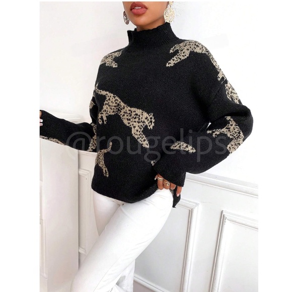 Black High Neck Knit Pullover Sweater Leopard Cheetah Print - Picture 5 of 7